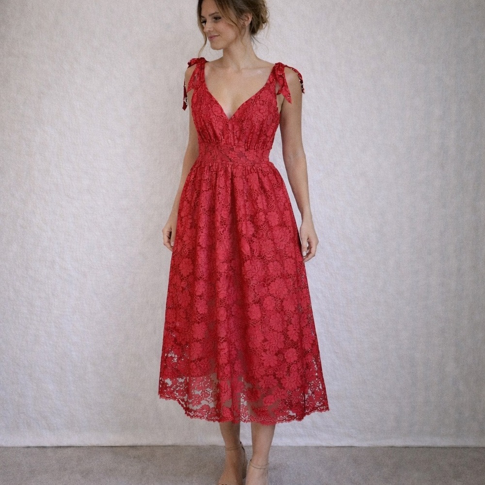 NWT Layered With Love Dixie Dress Large Red Lace Tie Shoulder V-Neck Midi